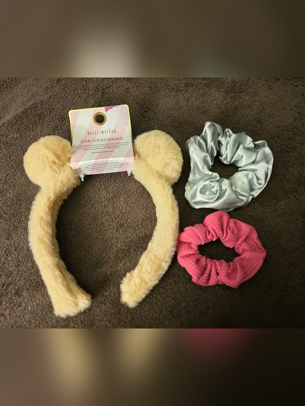 NEW Belle|Maison Brown Fuzzy Bear Ear Spa Headband X 2 New Hair Scrunchies - Picture 2 of 6
